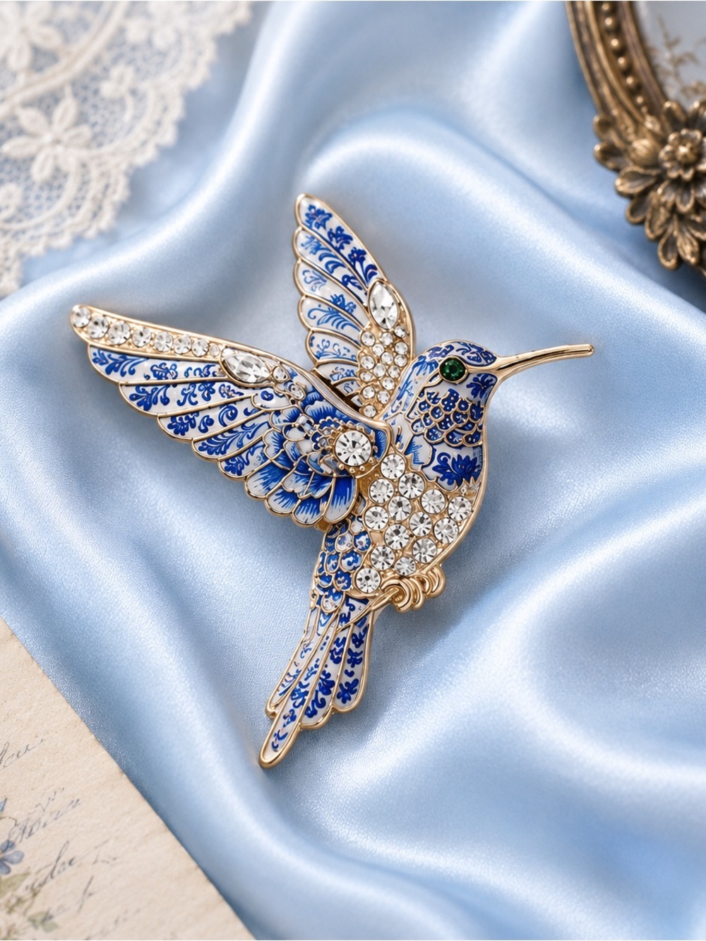 Lucky Blue Bird Crystal Brooch